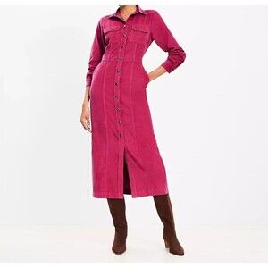 NEW LOFT Most Popular Pink Corduroy Midi Dress Petites 4P Shirtdress Pocket Snap